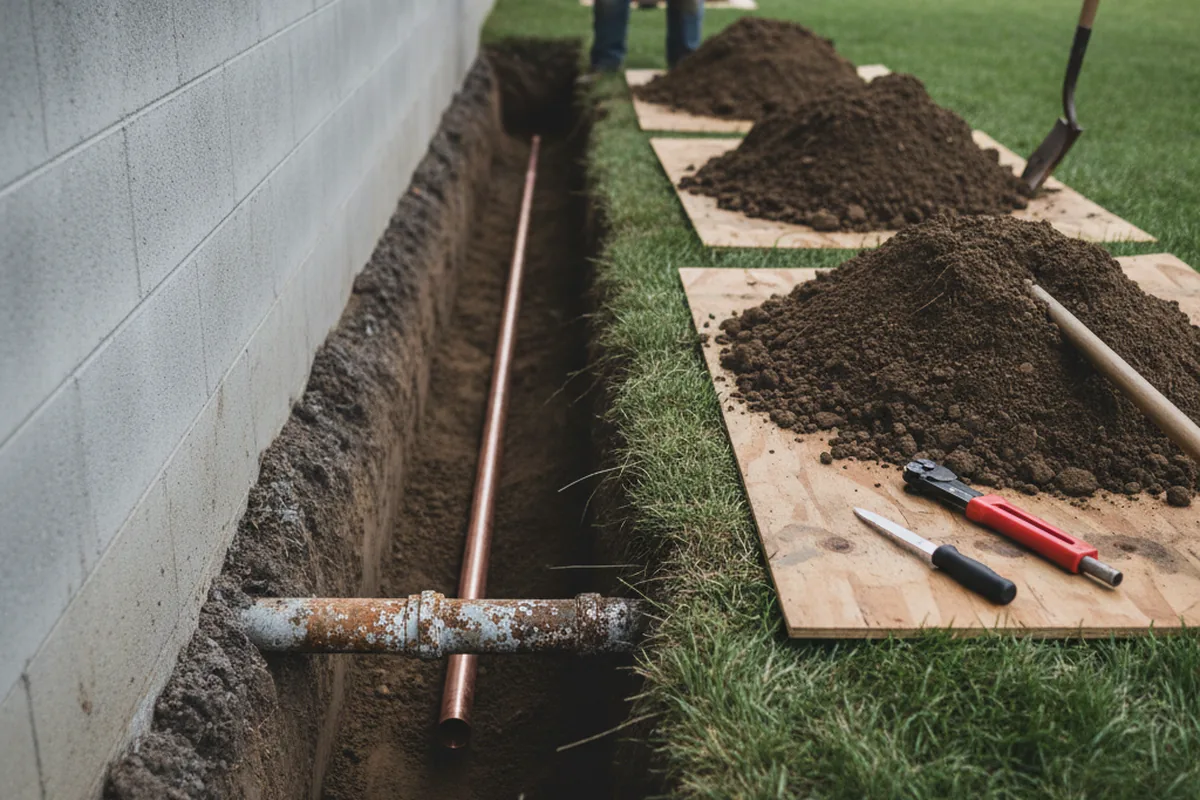 Excavated water line trench during Water Heater Repair in Brookside